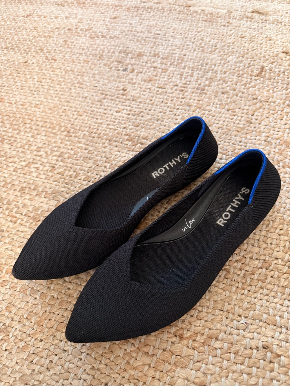 Rothy's Black Pointed Knit Flats with Blue Trim